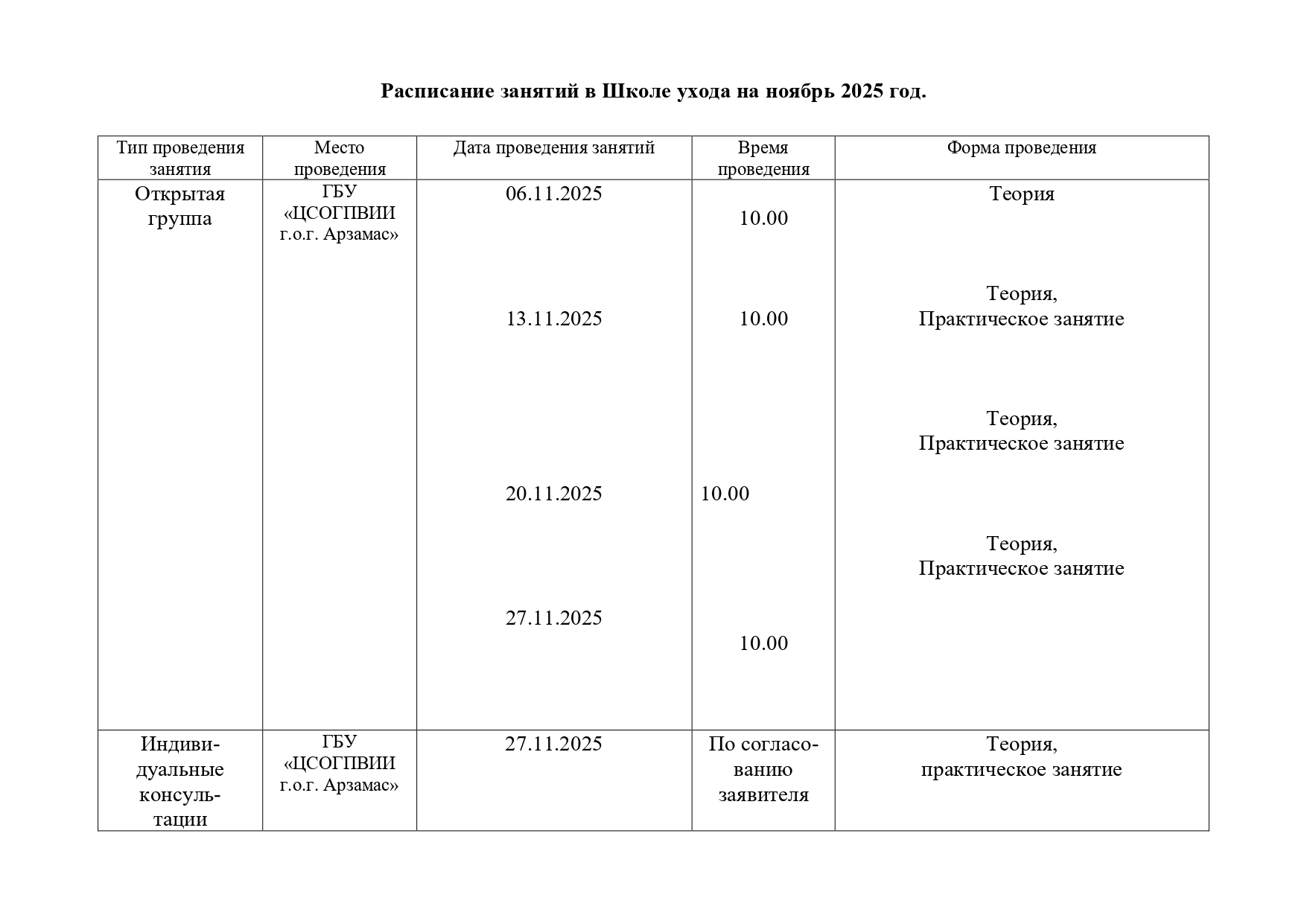 Расписание занятий в Школе ухода на ноябрь 2025