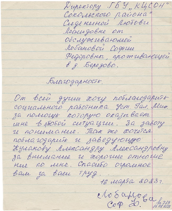 Благодарность от Лобановой Софии Федоровны